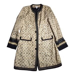 Chico's Beige Tapestry Black Velvet Trim Beaded Longline Collarless Jacket 1 M